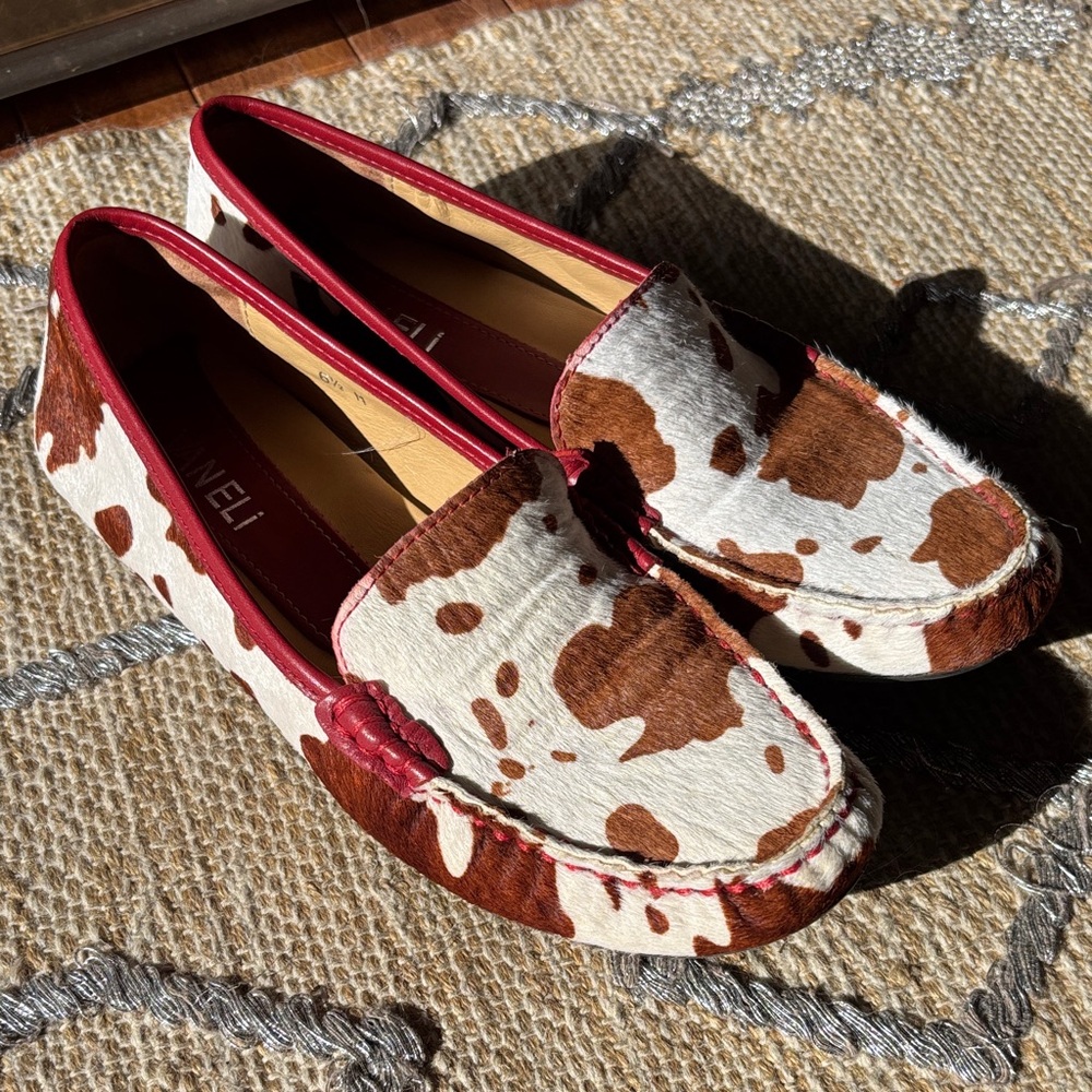 Vaneli Cow Print Loafers with Red Leather Accents